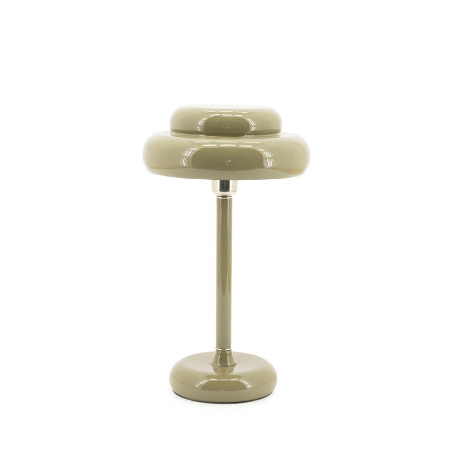 Die Lampe Pomm steht mittig auf weißem Hintergrund, mit einer sanftgrünen Farbe und runden Formen - By-Boo