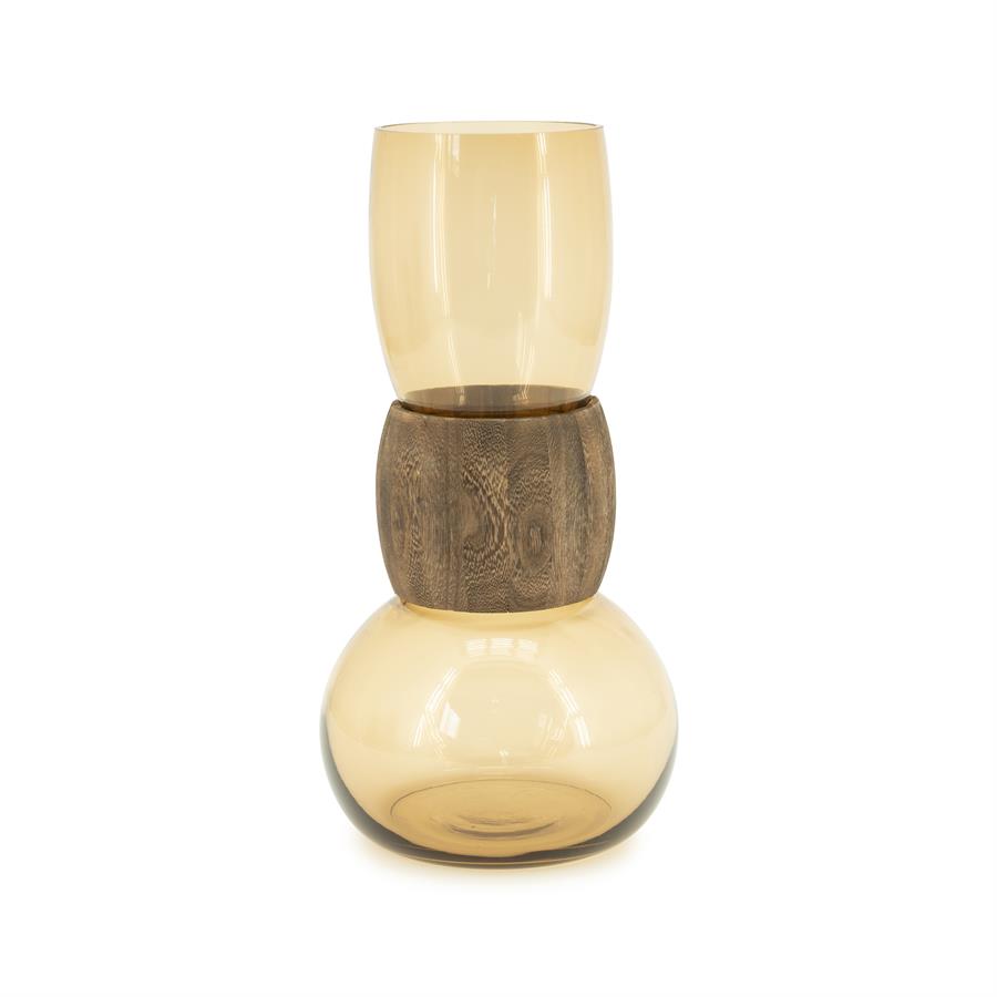 Die Vase Verra Large Braun auf weißem Hintergrund, mit einem hölzernen Mittelteil - By-Boo