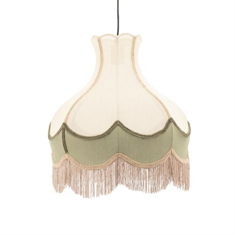 Hängeleuchte Fringaloo mit einem gewellten Schirm in Creme und Grün, mit Fransen, auf weißem Hintergrund - By-Boo
