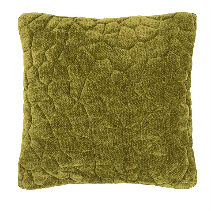 Quadratisches Kissen Stitch Grün mit einer auffälligen strukturierten Oberfläche auf weißem Hintergrund - By-Boo