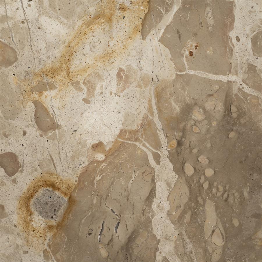 Detailaufnahme der Tischplatte des Tisches Alvar, mit einem Marmormuster in Beige- und Brauntönen - By-Boo
