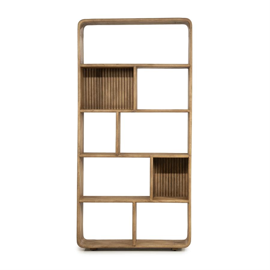 Schrank Rigato Small auf weißem Hintergrund, mit asymmetrischem offenem Fachdesign und zwei geriffelten Rückwänden - By-Boo