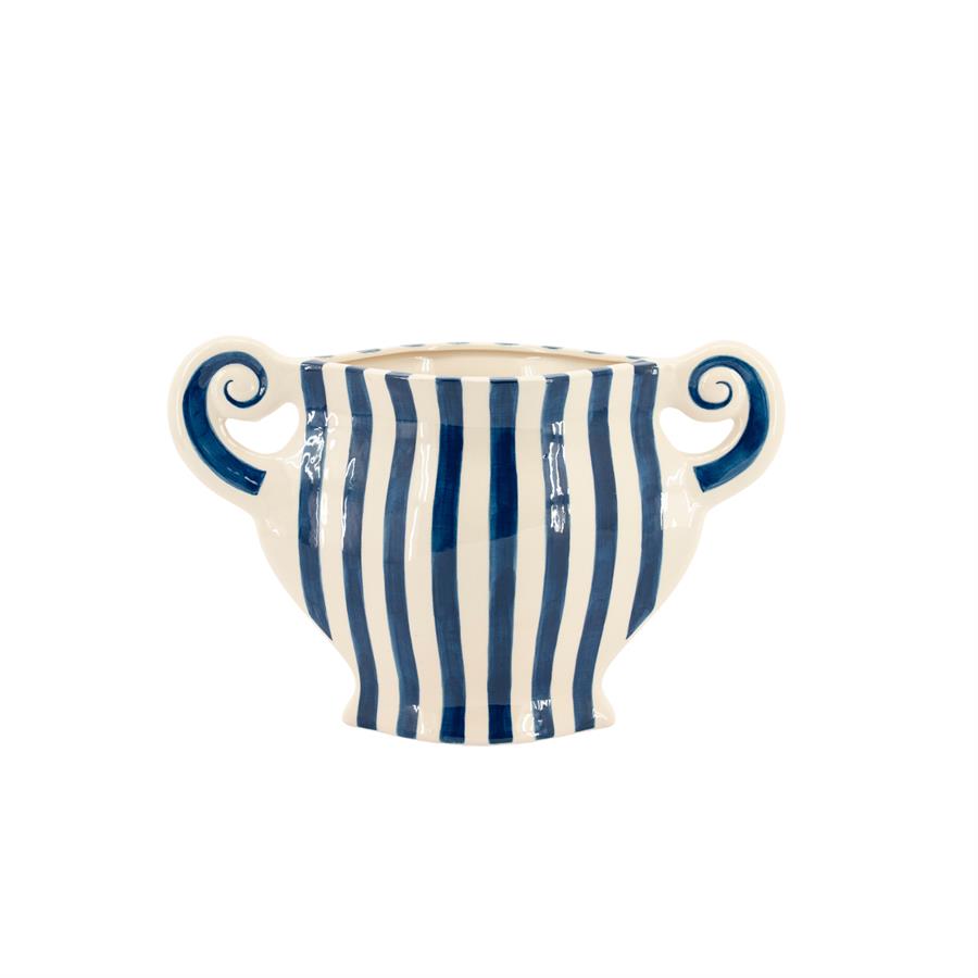 Vase Blu 3 auf weißem Hintergrund, mit blau-weißen vertikalen Streifen und zwei geschwungenen Griffen - By-Boo