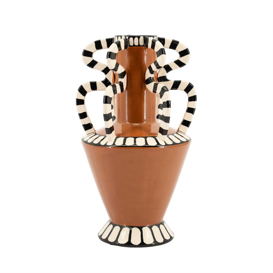 Vase Dusa 1 auf weißem Hintergrund, mit auffälligen schwarz-weiß gestreiften Griffen - By-Boo