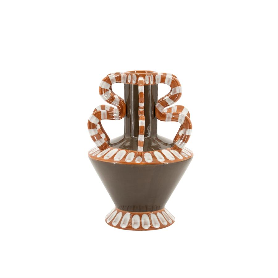 Vase Dusa 2 auf weißem Hintergrund, mit dunkelbraunem Sockel und orange-weißen Griffen - By-Boo
