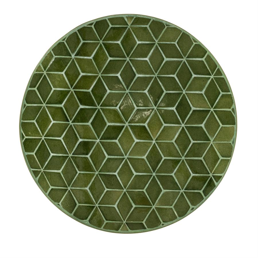 Runder Tisch Patterna mit einem dunkelgrünen geometrischen Muster auf weißem Hintergrund, von oben fotografiert - By-Boo