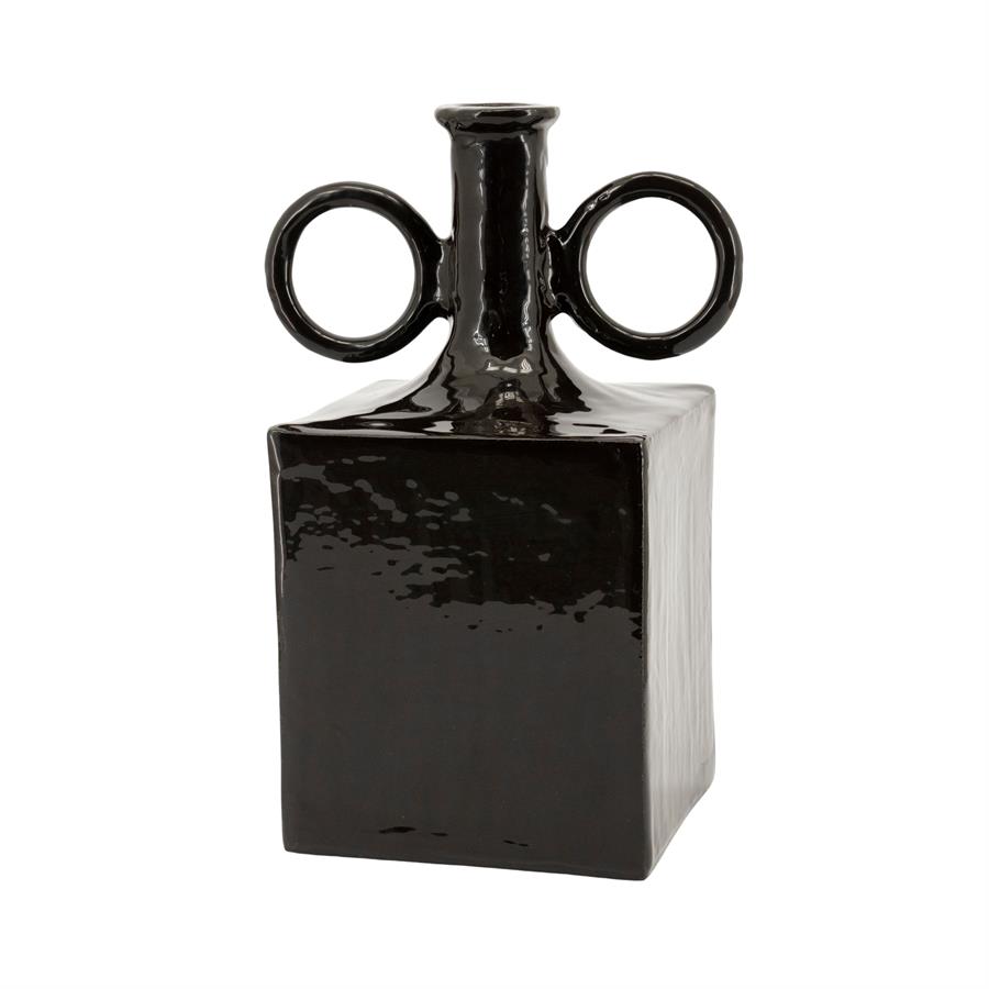 Schwarze Vase Oro 1 mit zwei Griffen auf weißem Hintergrund, aus der Nähe fotografiert - By-Boo