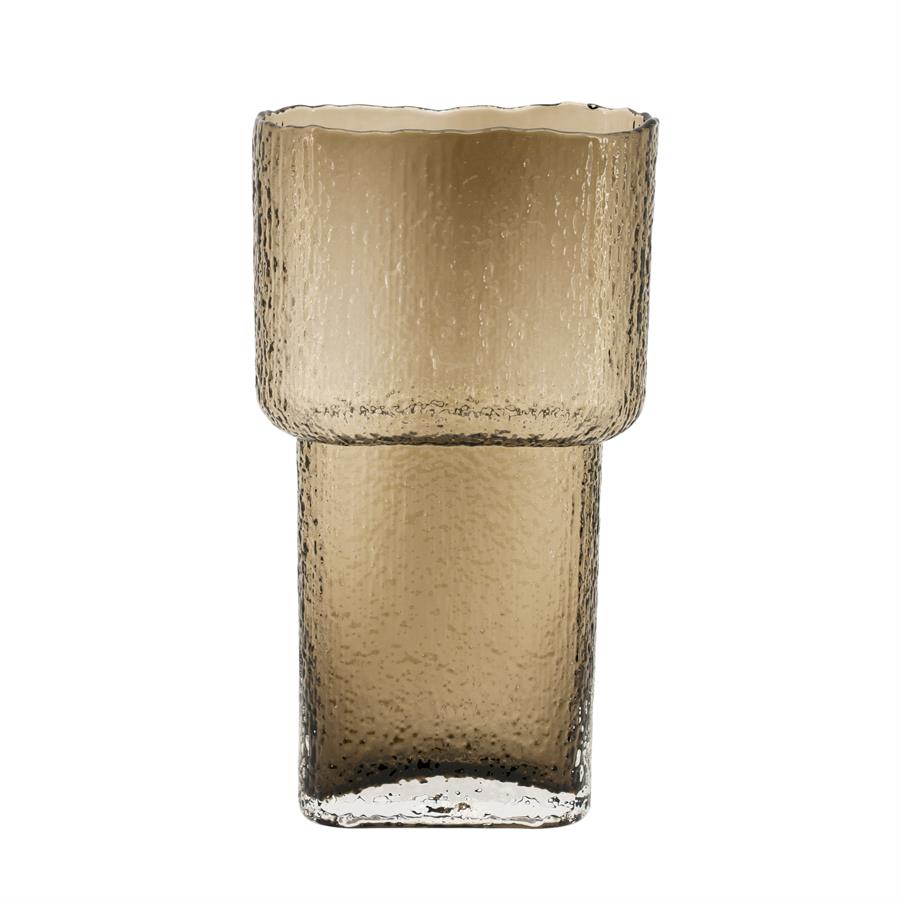 Die Vase Fluence 3, eine hohe, strukturierte Glasvase mit schmalem Sockel auf weißem Hintergrund - By-Boo