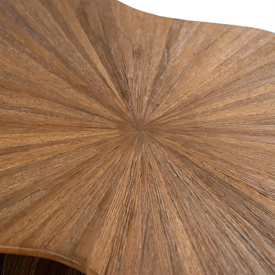 Detailaufnahme der Tischplatte des Tisch Loma, mit einem strahlenförmigen Holzmaserungsmuster - By-Boo