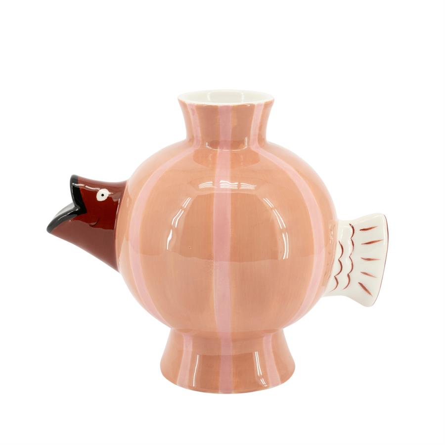 Vase Ondina auf weißem Hintergrund, mit einer bauchigen rosa Vase mit hellrosa Streifen und einem braunen Fischkopf - By-Boo