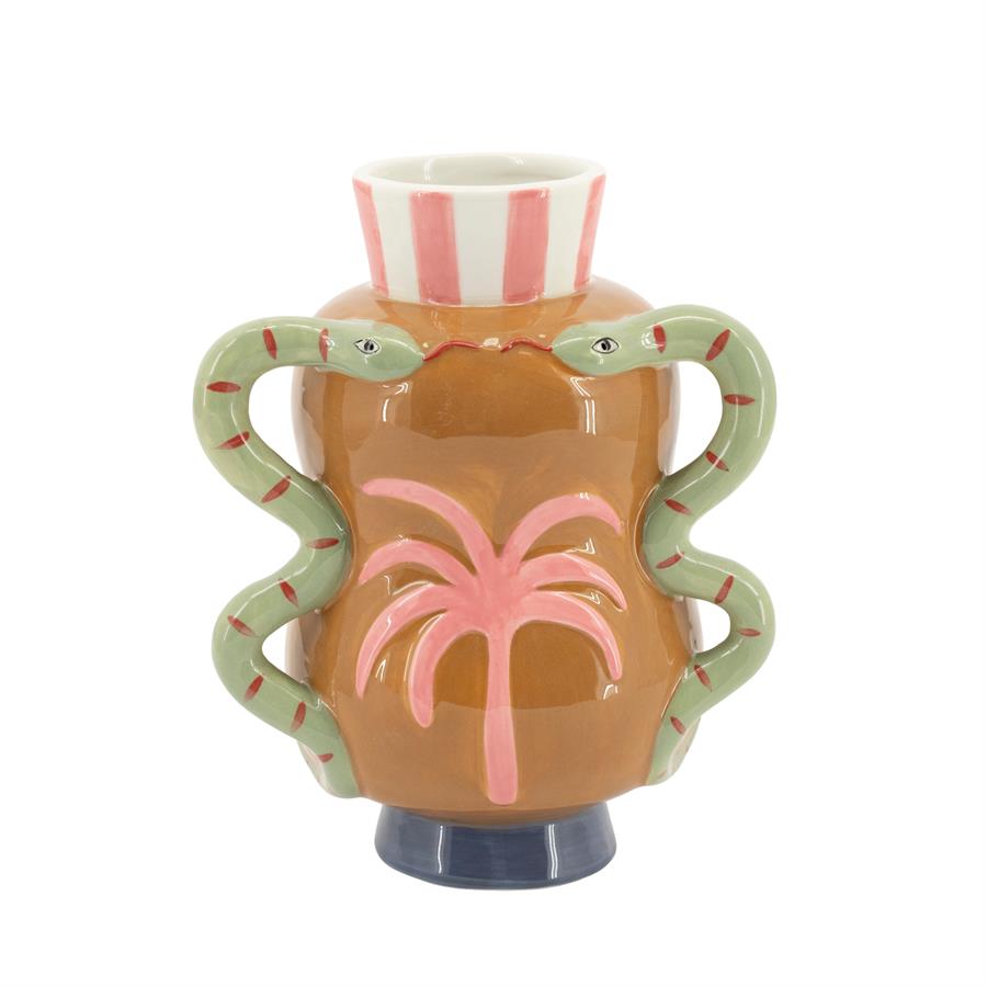Vase Serpina auf weißem Hintergrund, mit Schlangen als Griffen und einer Palme auf dem Bauch - By-Boo