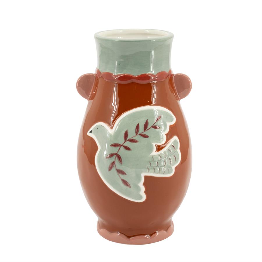 Vase Voglia auf weißem Hintergrund, mit Vogeldekoration und Griffen - By-Boo