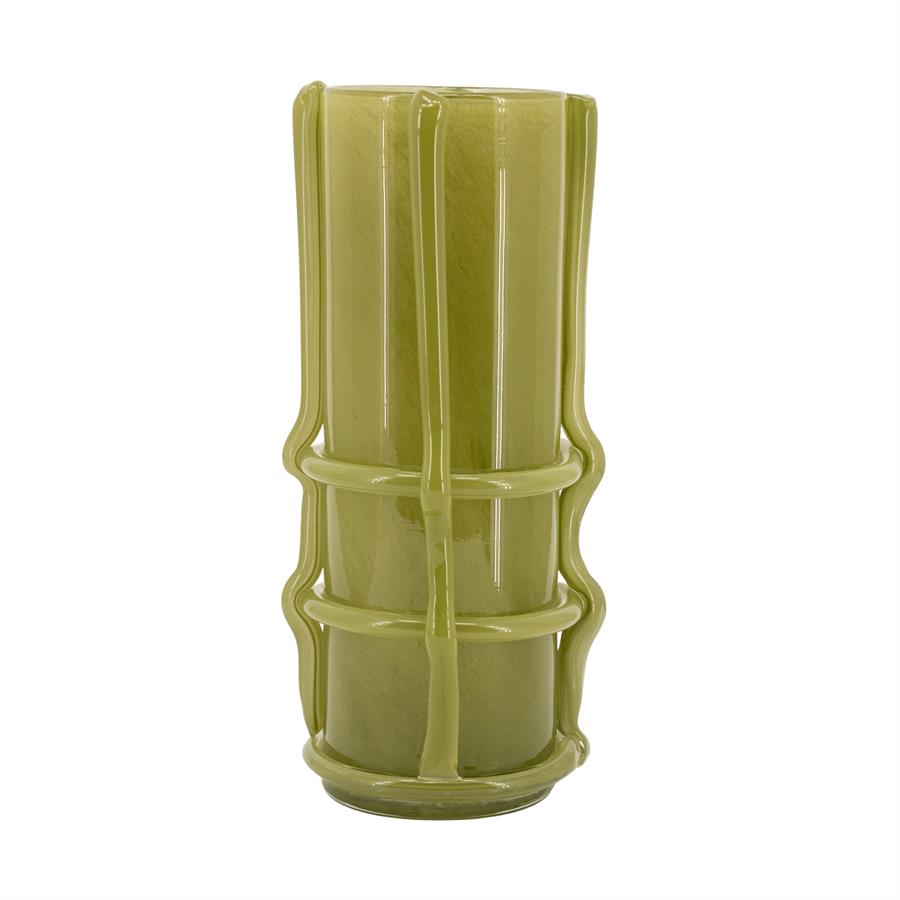 Die Vase WrapIt Large von By-Boo, eine hohe grüne Vase mit vertikalen und horizontalen Rippen auf weißem Hintergrund