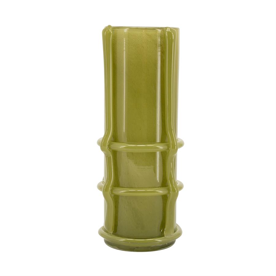 Die Vase WrapIt Large ist eine hohe, zylindrische grüne Vase mit horizontalen Rippen auf weißem Hintergrund - By-Boo