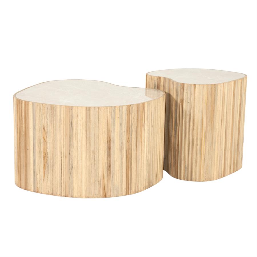 Tisch Nice 2er Set, zwei Holztische mit einer unregelmäßig geformten hellen Platte auf weißem Hintergrund - By-Boo