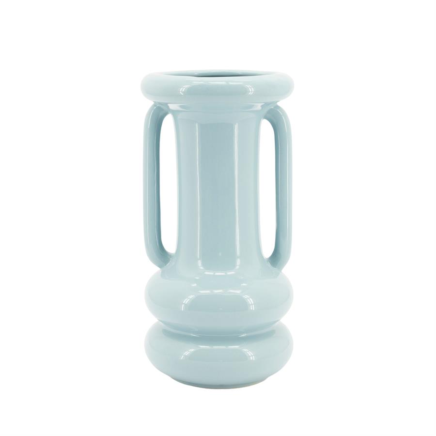 Hellblaue Vase Oorah Large mit Griffen auf weißem Hintergrund, direkt von vorne fotografiert - By-Boo