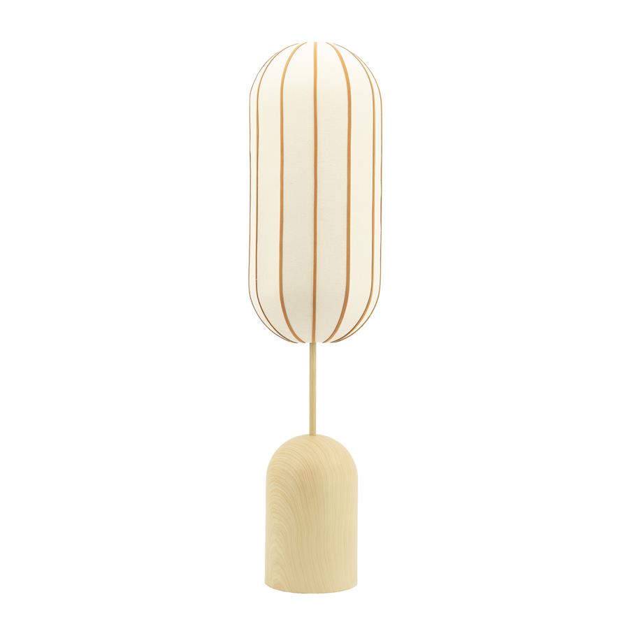 Stehlampe Cocoon auf weißem Hintergrund, mit einem hellen Holzfuß und einem länglichen Lampenschirm mit vertikalen Streifen - By-Boo