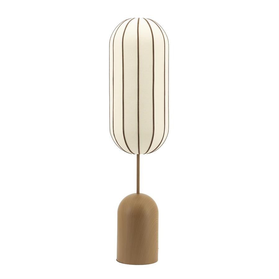 Stehlampe Cocoon auf weißem Hintergrund, mit einem länglichen, cremefarbenen Schirm mit vertikalen Streifen - By-Boo