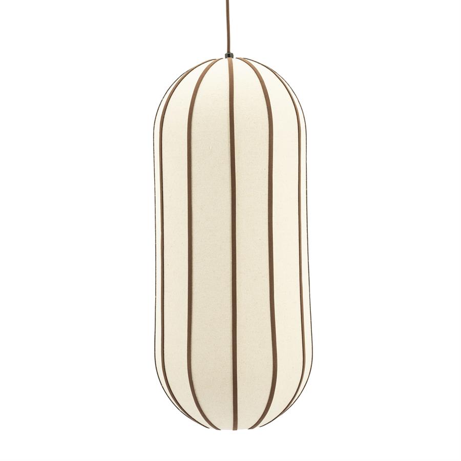Hängeleuchte Cocoon 1, eine längliche Lampe mit vertikalen braunen Streifen auf weißem Hintergrund - By-Boo