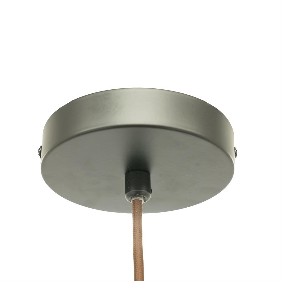 Nahaufnahme der schwarzen Deckenplatte der Leuchte Nuvia 2 Small mit einem braunen Stoffkabel - By-Boo