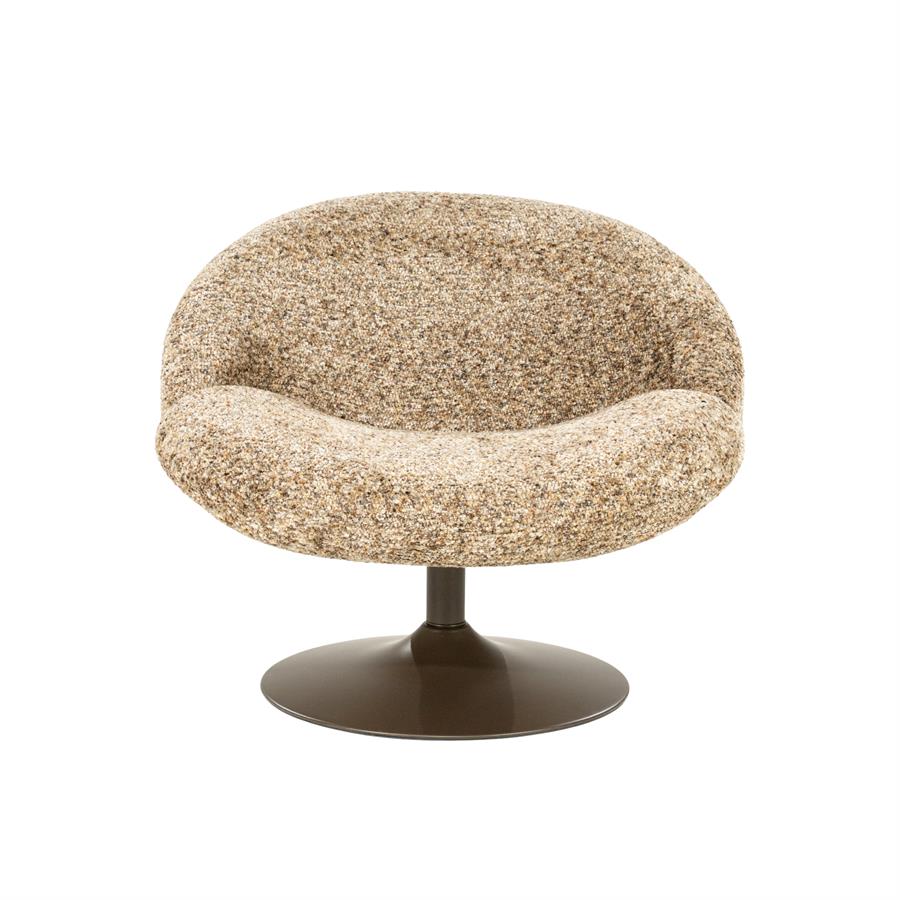 Sessel Ducky Taupe von By-Boo, ein runder Stuhl mit taupefarbenem Bouclé-Stoff auf weißem Hintergrund