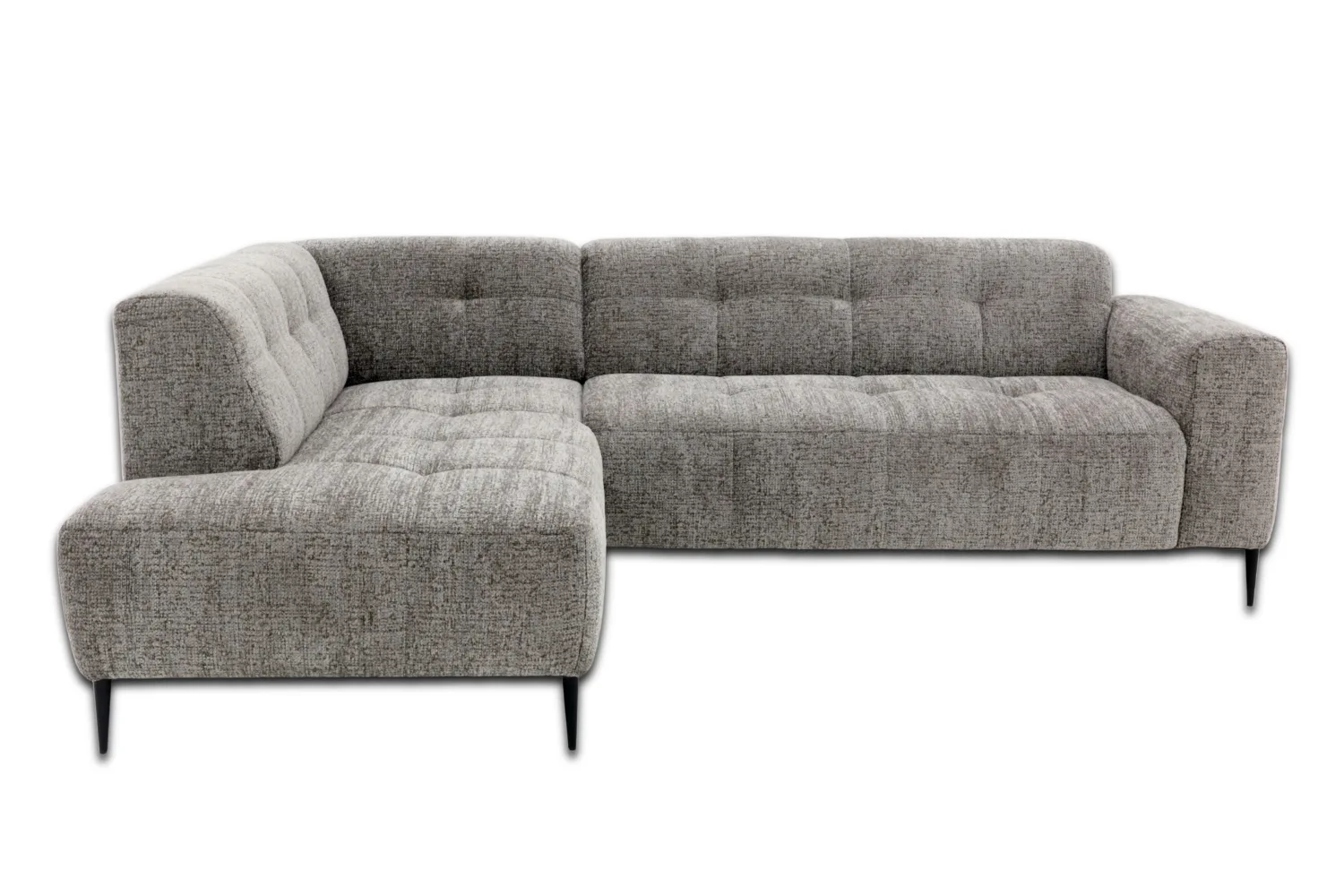 Hoekbank Bovino in een sfeervolle woonkamer met houten vloer en een salontafel - Mokana Furniture - Taupe vs links