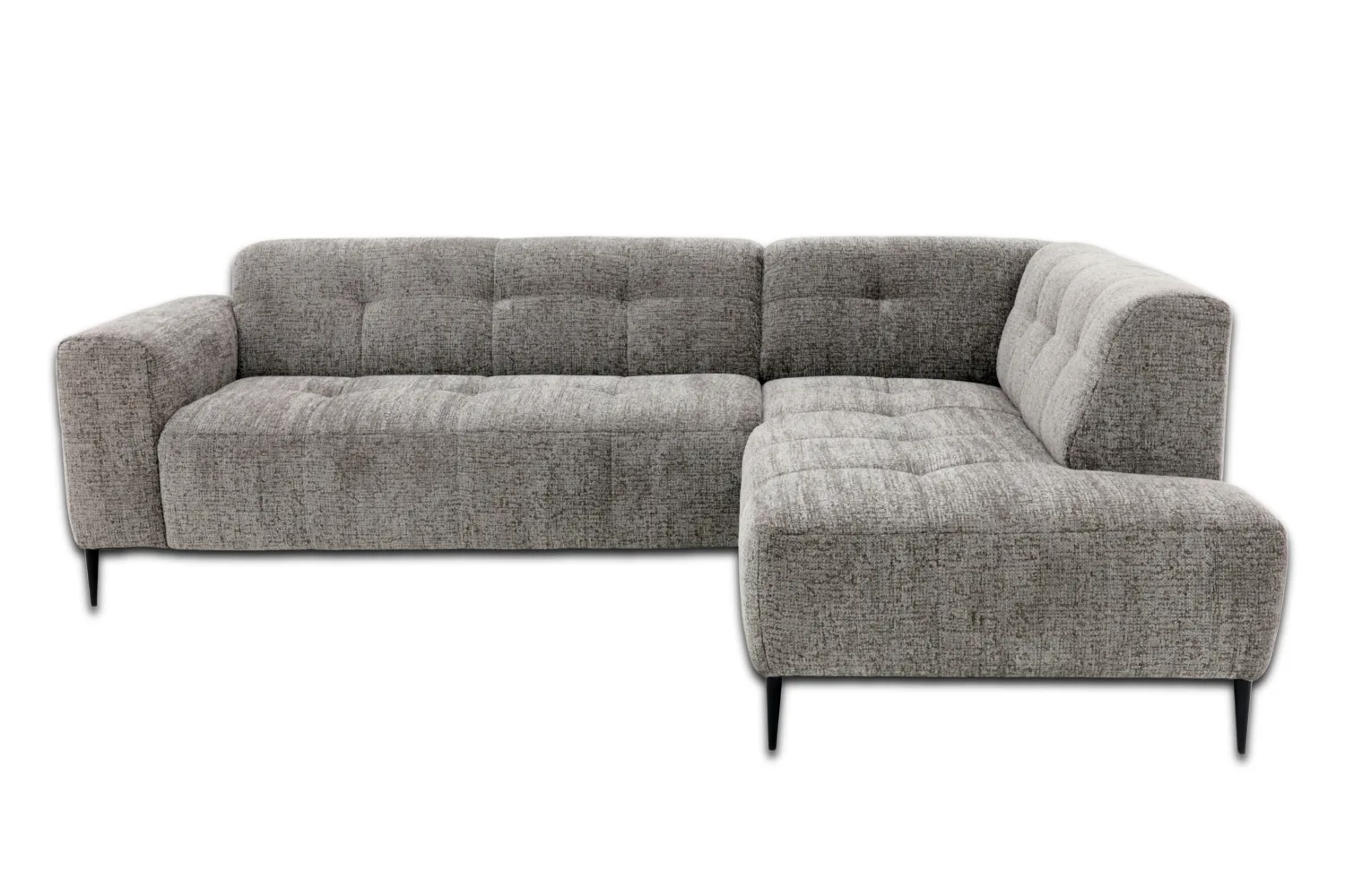 Hoekbank Bovino in een sfeervolle woonkamer met houten vloer en een salontafel - Mokana Furniture - Taupe vs rechts