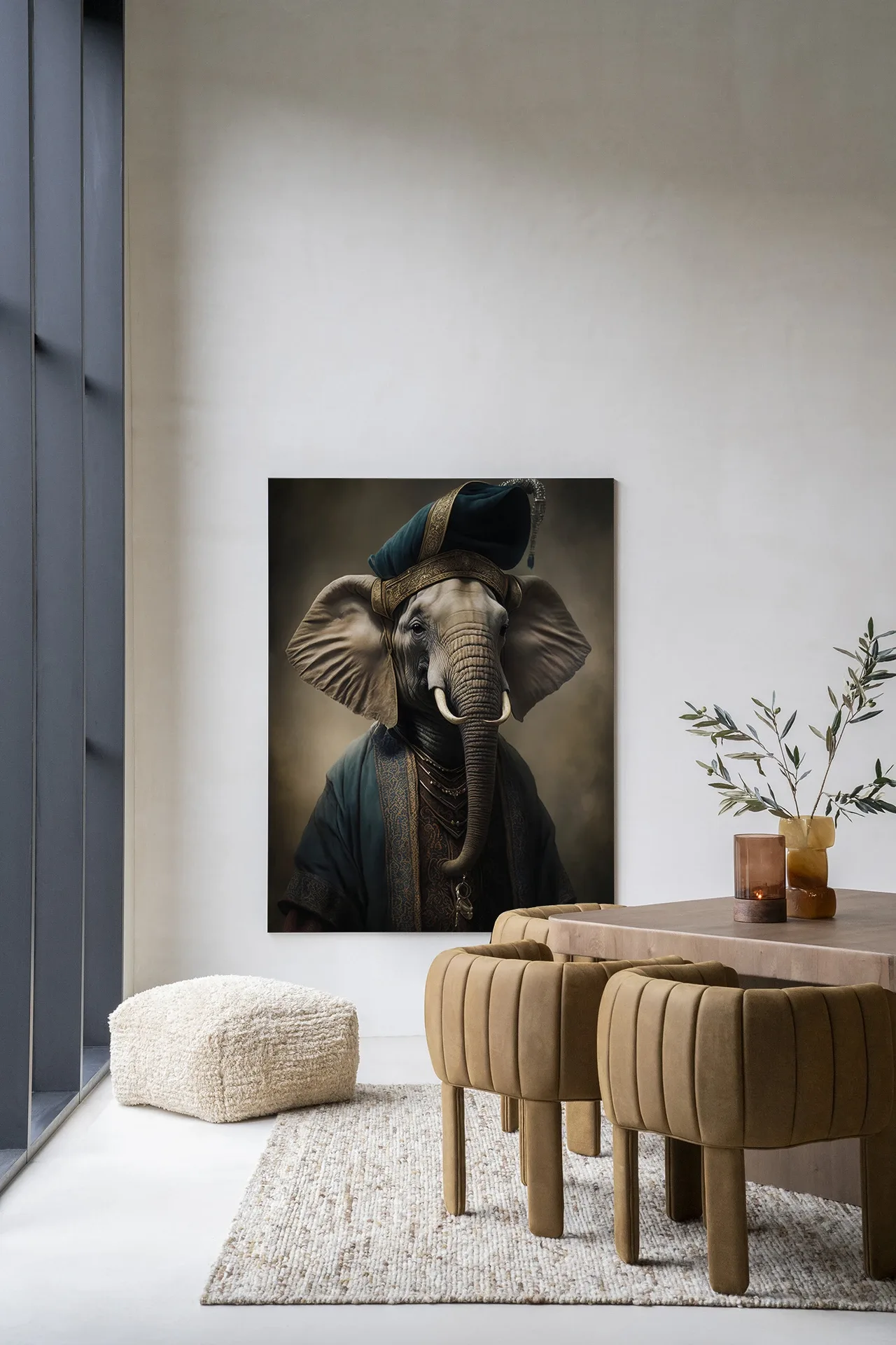 Wandkleed Elephant van Urban Cotton hangt aan een lichte muur in een moderne eetkamer