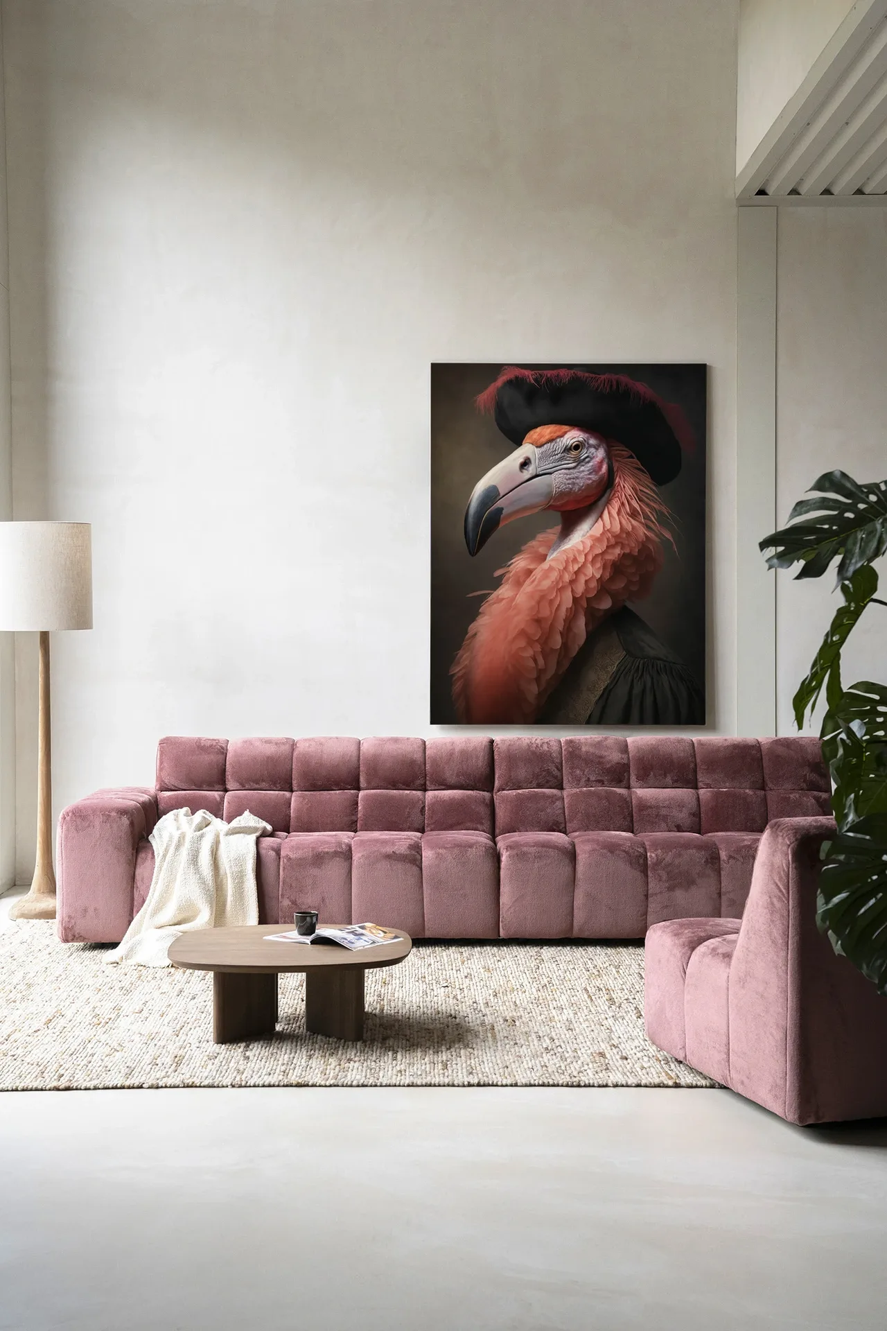 Wandkleed Flamingo - Urban Cotton hangend boven een roze bank in een moderne woonkamer