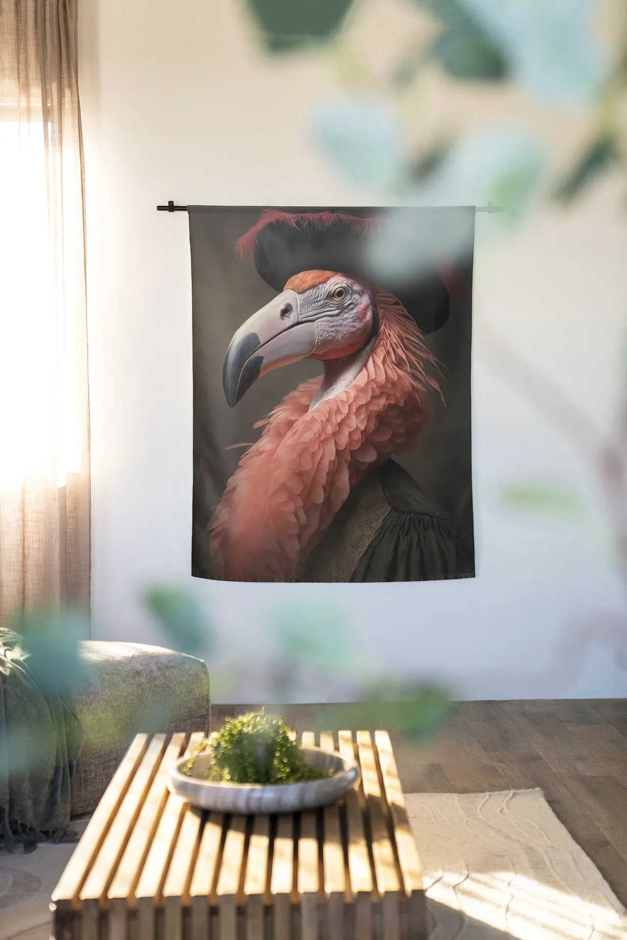 Wandkleed Flamingo hangend in een lichte woonkamer met een salontafel en plant - Urban Cotton