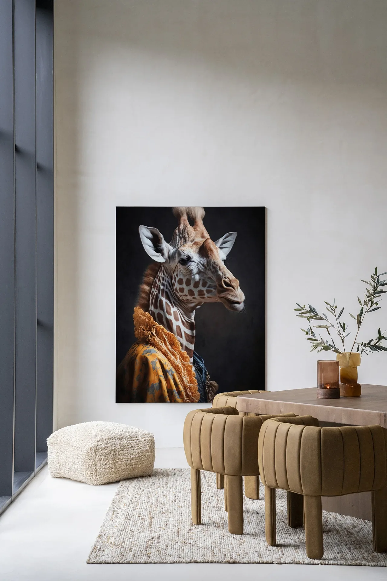 Wandkleed Giraffe - Urban Cotton hangend aan een lichte muur in een moderne eetkamer