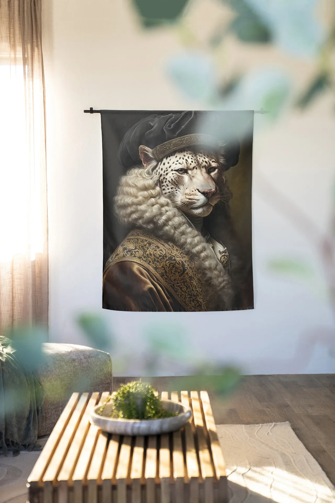 Wandkleed Snow Leopard in een lichte woonkamer met een salontafel en poef, vanuit een laag standpunt - Urban Cotton