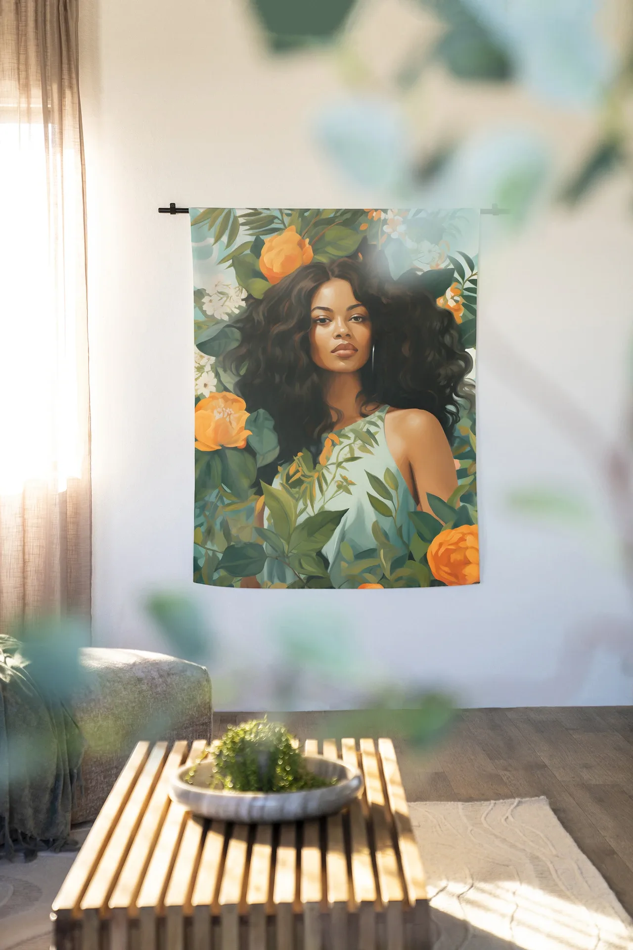 Wandkleed Rosita - Urban Cotton hangend aan een zwarte roede in een lichte woonkamer