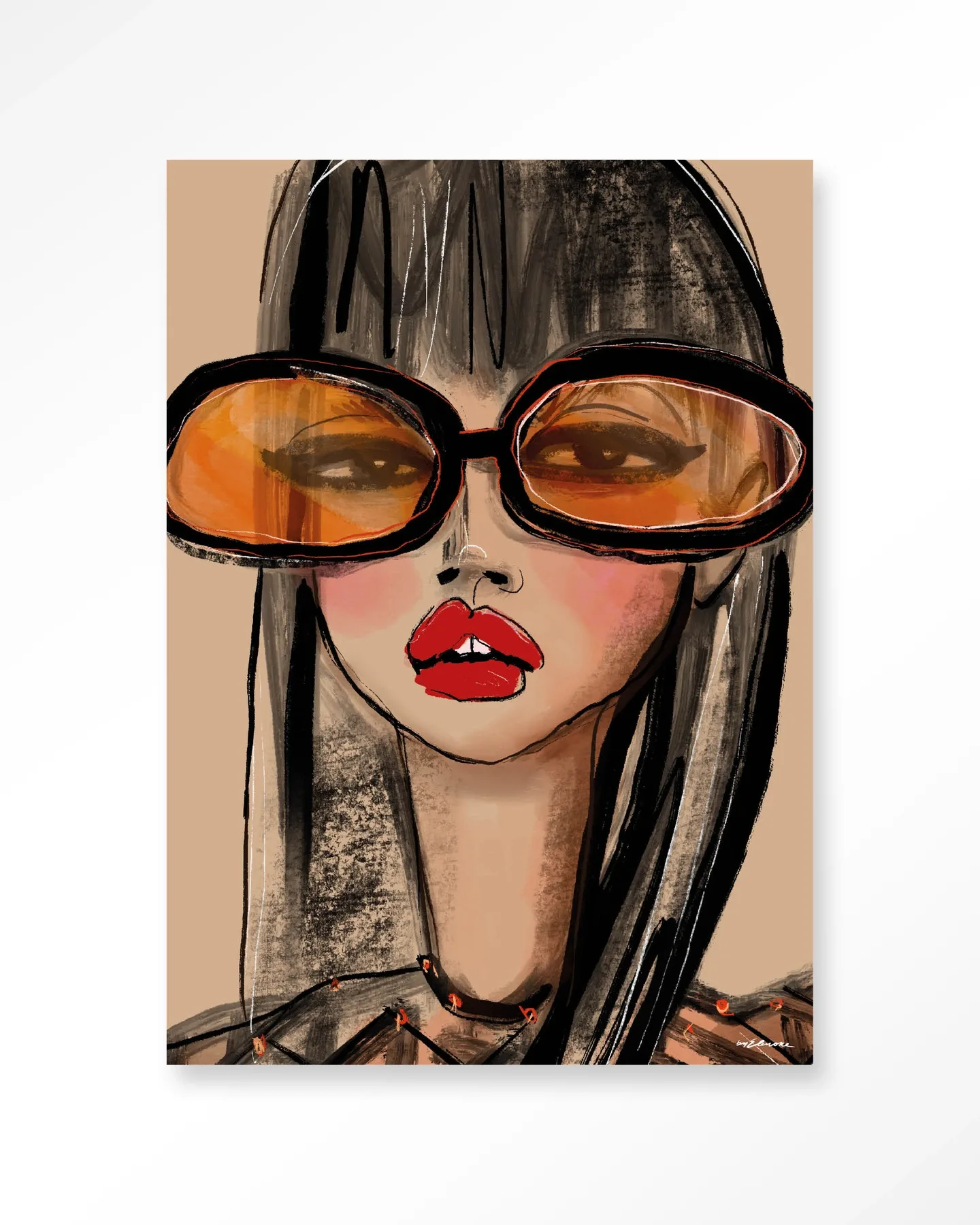 Wandkleed Sunny Orange - Urban Cotton met een illustratie van een vrouw met oranje zonnebril en rode lippen