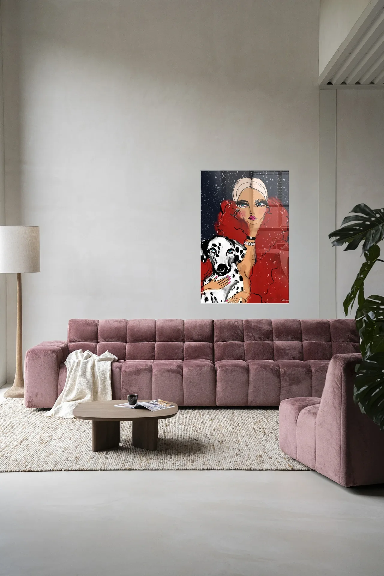 Wandkleed Dotted Doggy hangt boven een roze bank in een moderne woonkamer - Urban Cotton