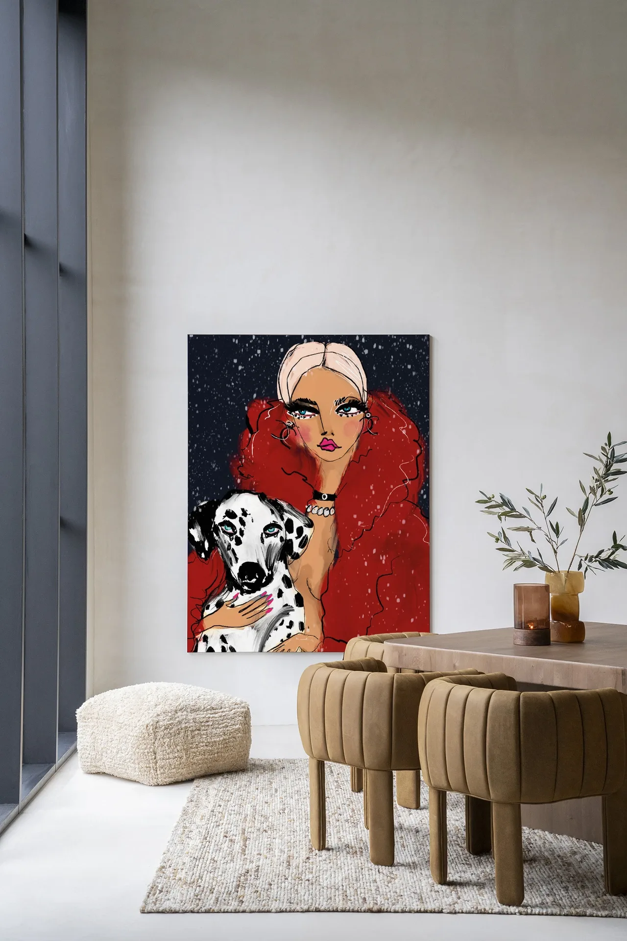 Wandkleed Dotted Doggy - Urban Cotton hangt aan een lichte muur in een moderne woonkamer