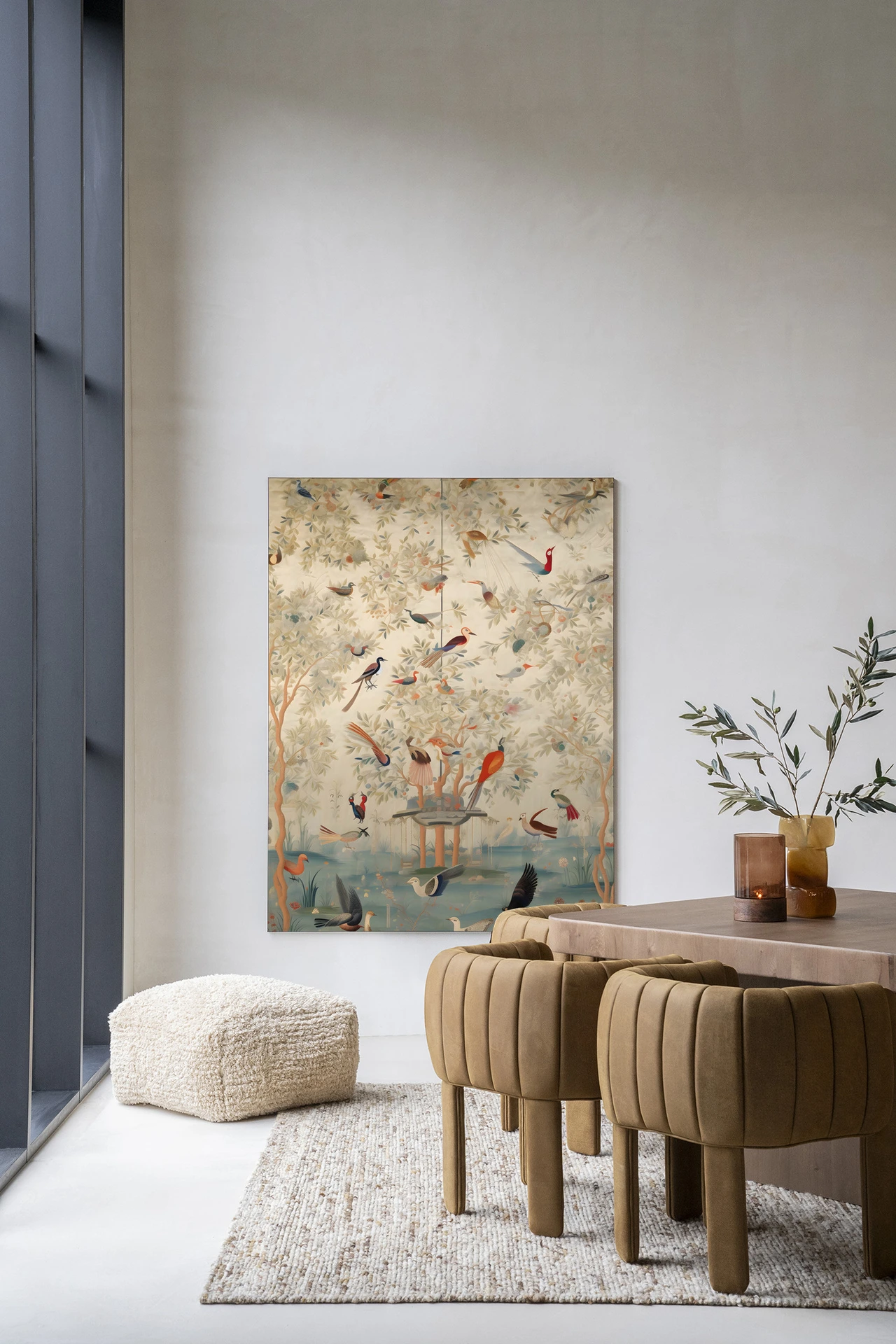 Wandkleed Oriental Day van Urban Cotton in een modern interieur met een bankje en een kleed