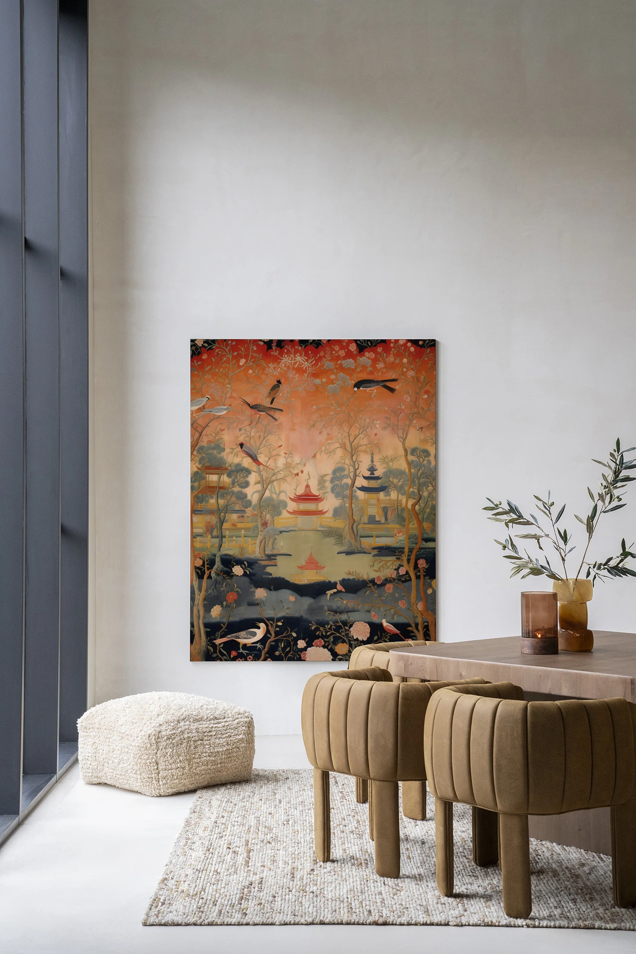 Wandkleed Oriental Night - Urban Cotton hangend aan een witte muur in een modern interieur