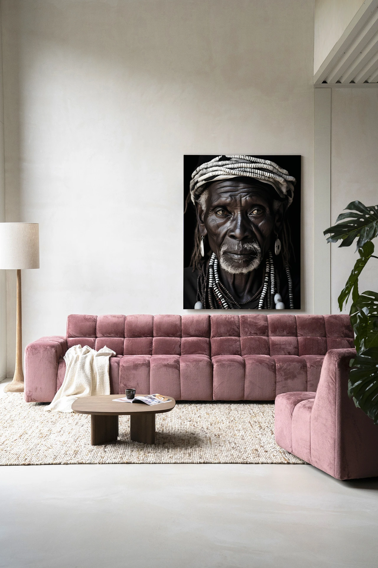 Wandkleed Kabila hangend boven een roze bank in een moderne woonkamer - Urban Cotton