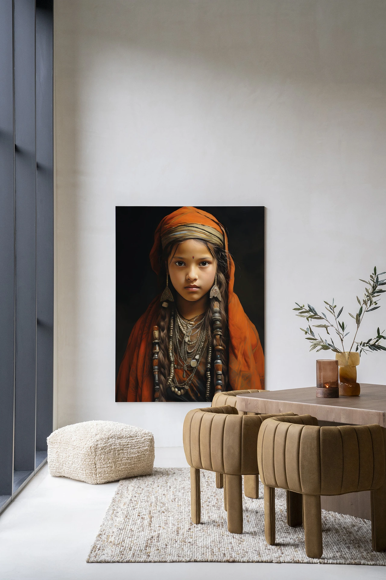 Wandkleed Traditional Girl hangt aan een lichte muur in een moderne woonkamer met een poef en stoelen - Urban Cotton