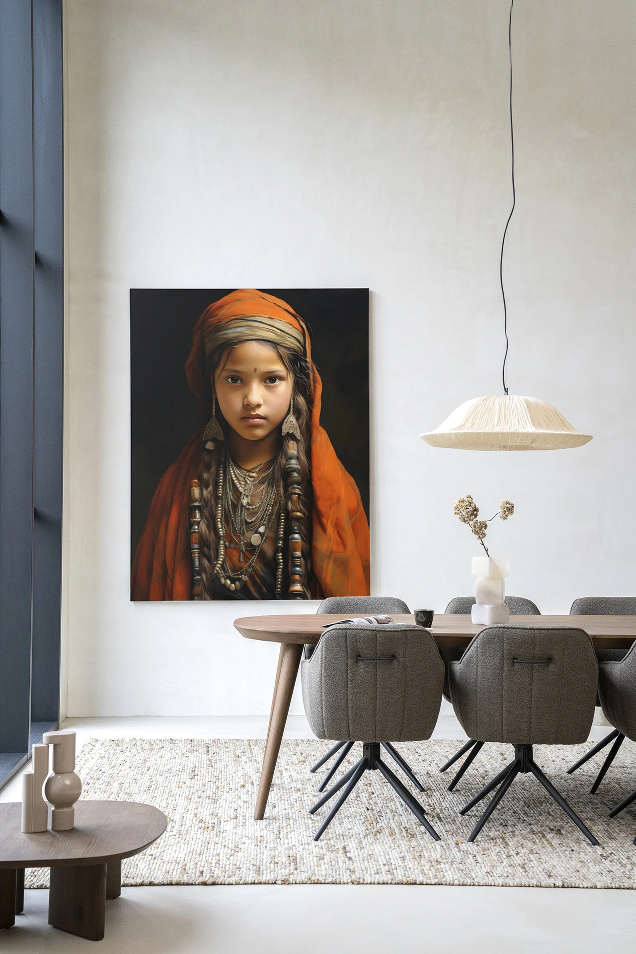 Wandkleed Traditional Girl - Urban Cotton hangend aan een witte muur boven een eettafel met stoelen