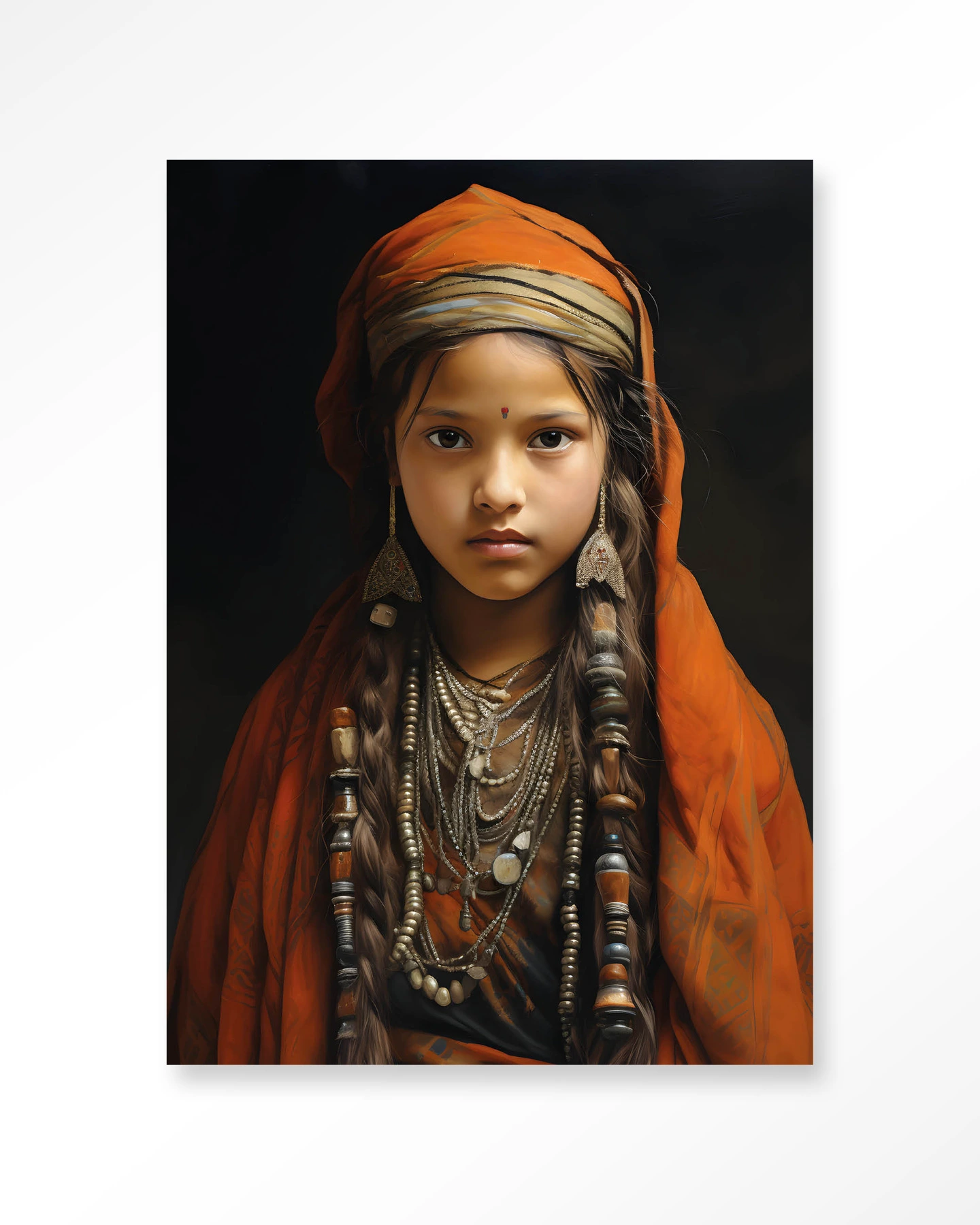 Wandkleed Traditional Girl - Urban Cotton in een portretfoto van een meisje met oranje doek en sieraden