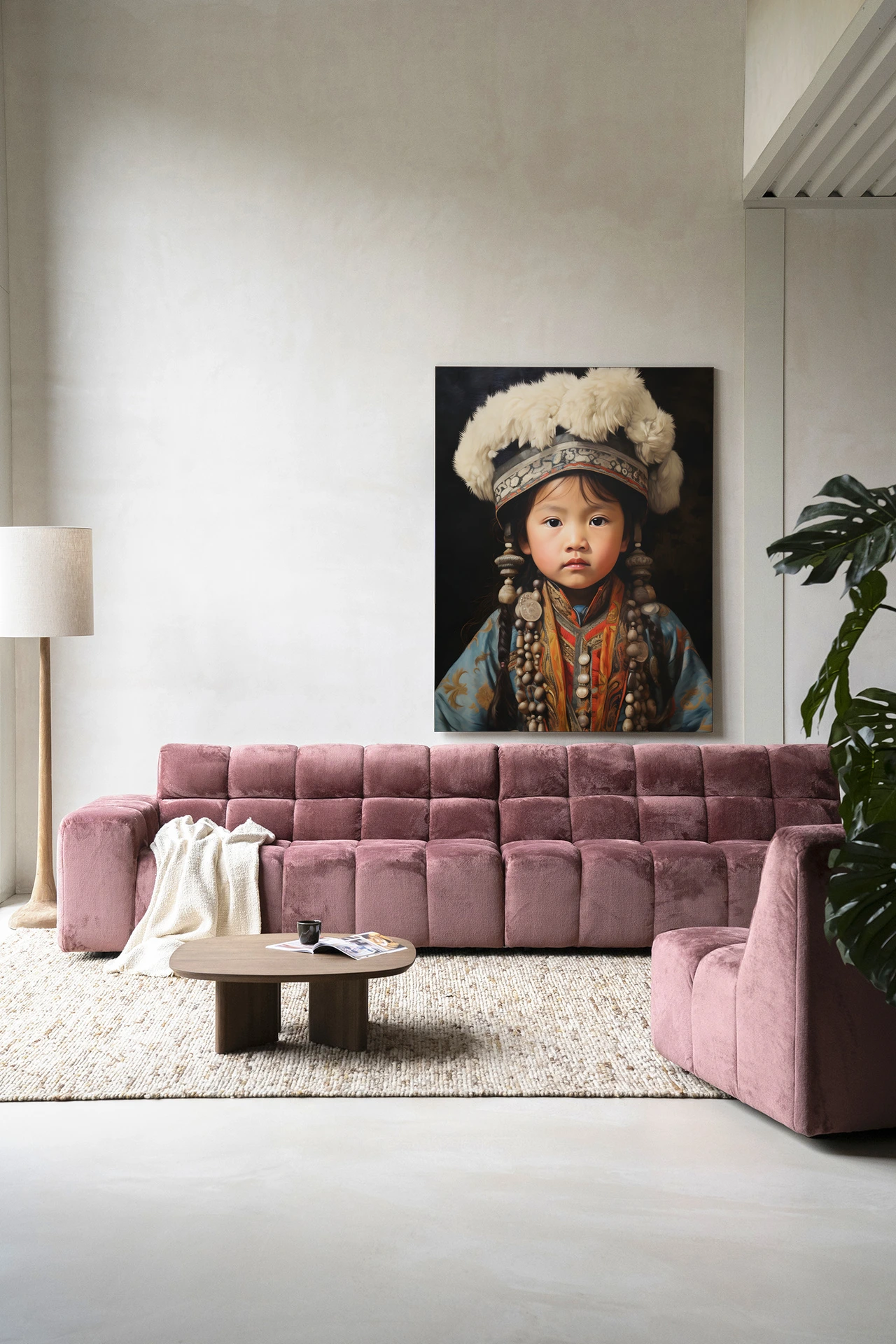 Wandkleed Traditional Child 1 - Urban Cotton hangend boven een roze bank in een moderne woonkamer