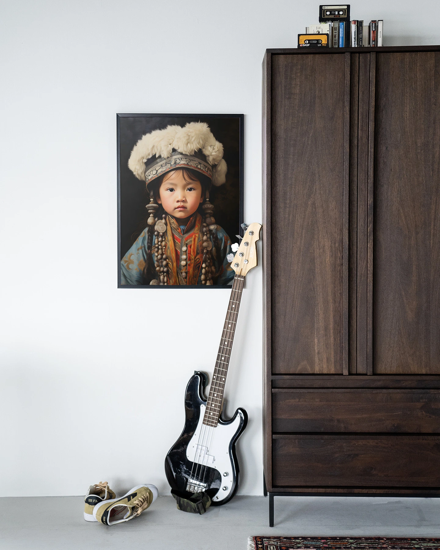 Wandkleed Traditional Child 1 - Urban Cotton hangend aan een witte muur naast een donkerbruine kast met een basgitaar ervoor