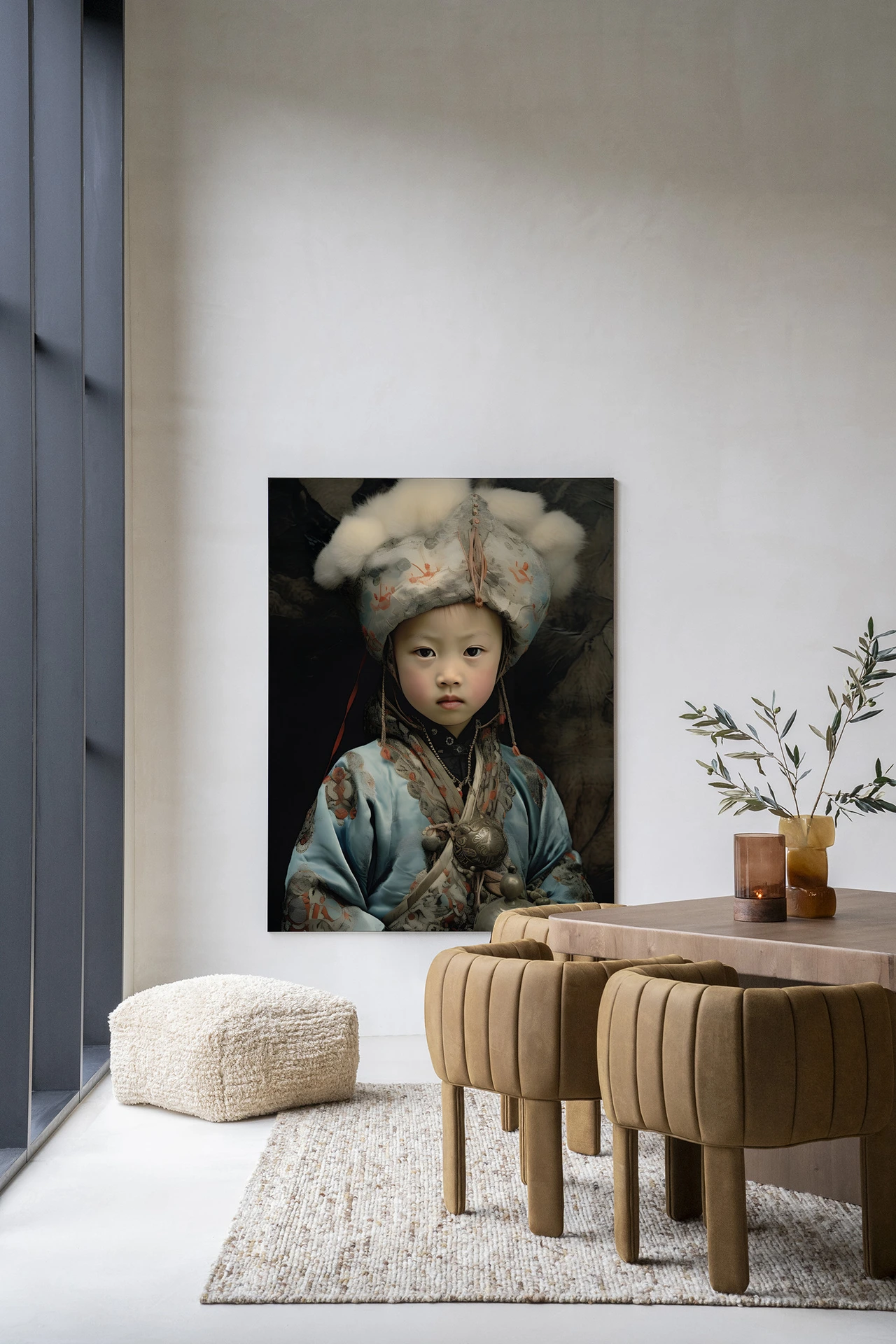 Wandkleed Traditional Child 2 - Urban Cotton hangt aan een lichte muur in een modern interieur