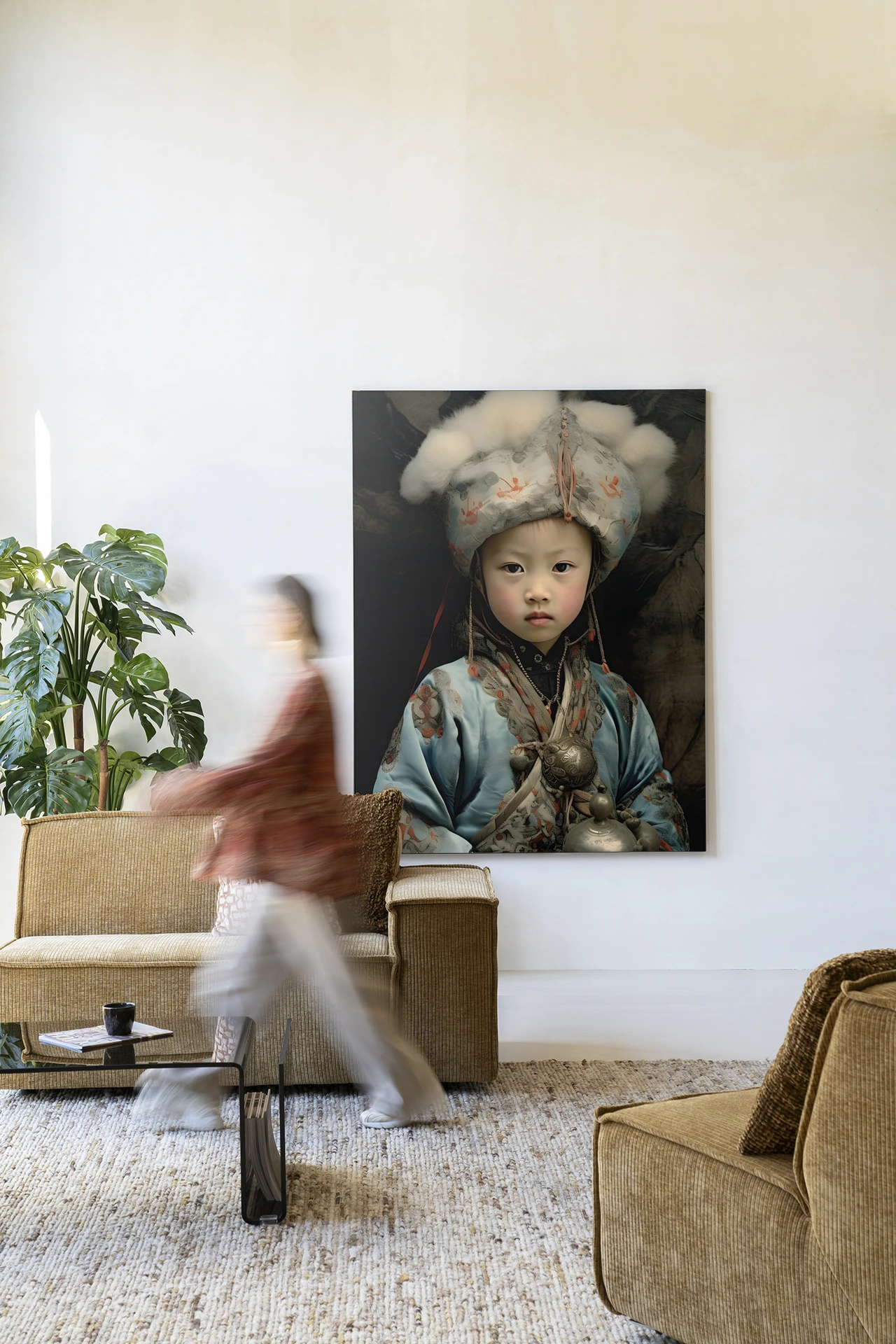 Wandkleed Traditional Child 2 - Urban Cotton hangt aan een witte muur in een lichte woonkamer met een persoon in beweging