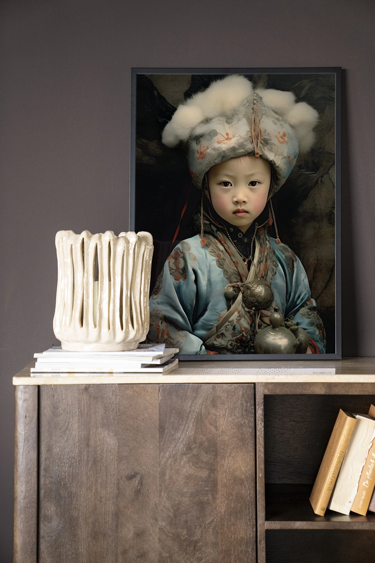 Wandkleed Traditional Child 2 - Urban Cotton, staand op een houten dressoir met een vaas en boeken
