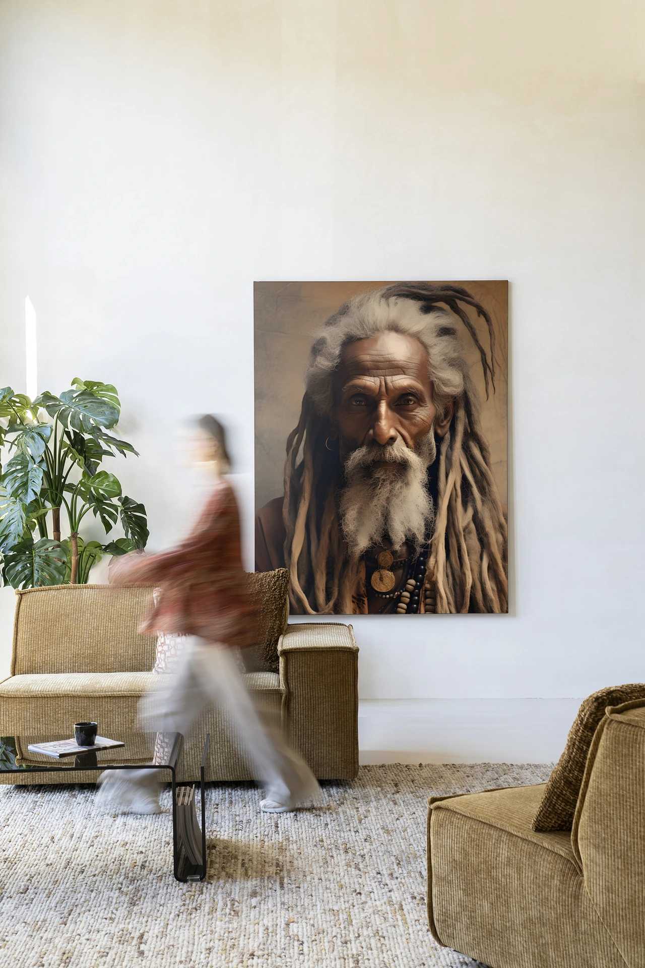 Een Wandkleed Wise Man - Urban Cotton hangt aan een witte muur in een woonkamer met een persoon in beweging