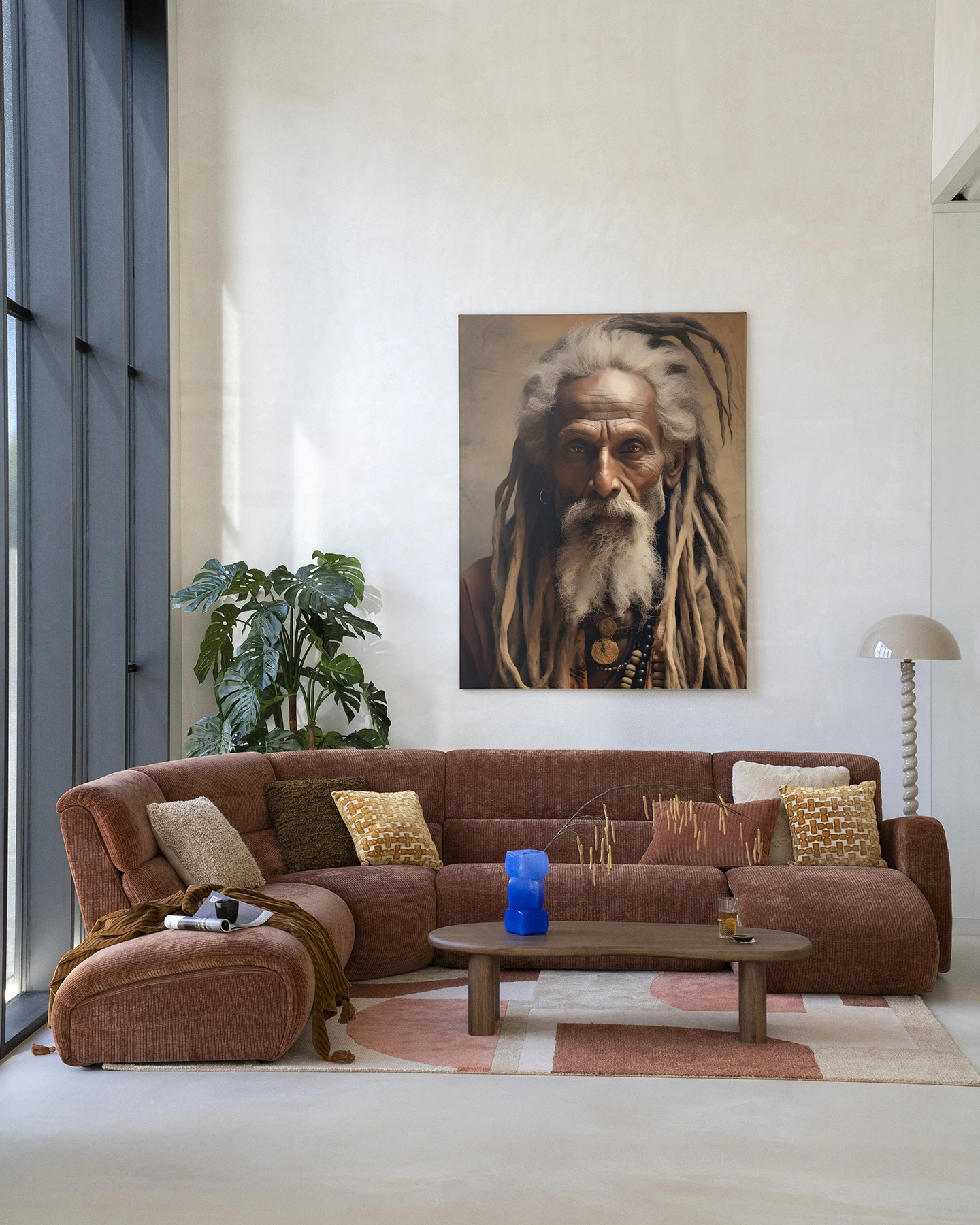 Wandkleed Wise Man in een moderne woonkamer, hangend boven een bruine bank met kussens - Urban Cotton