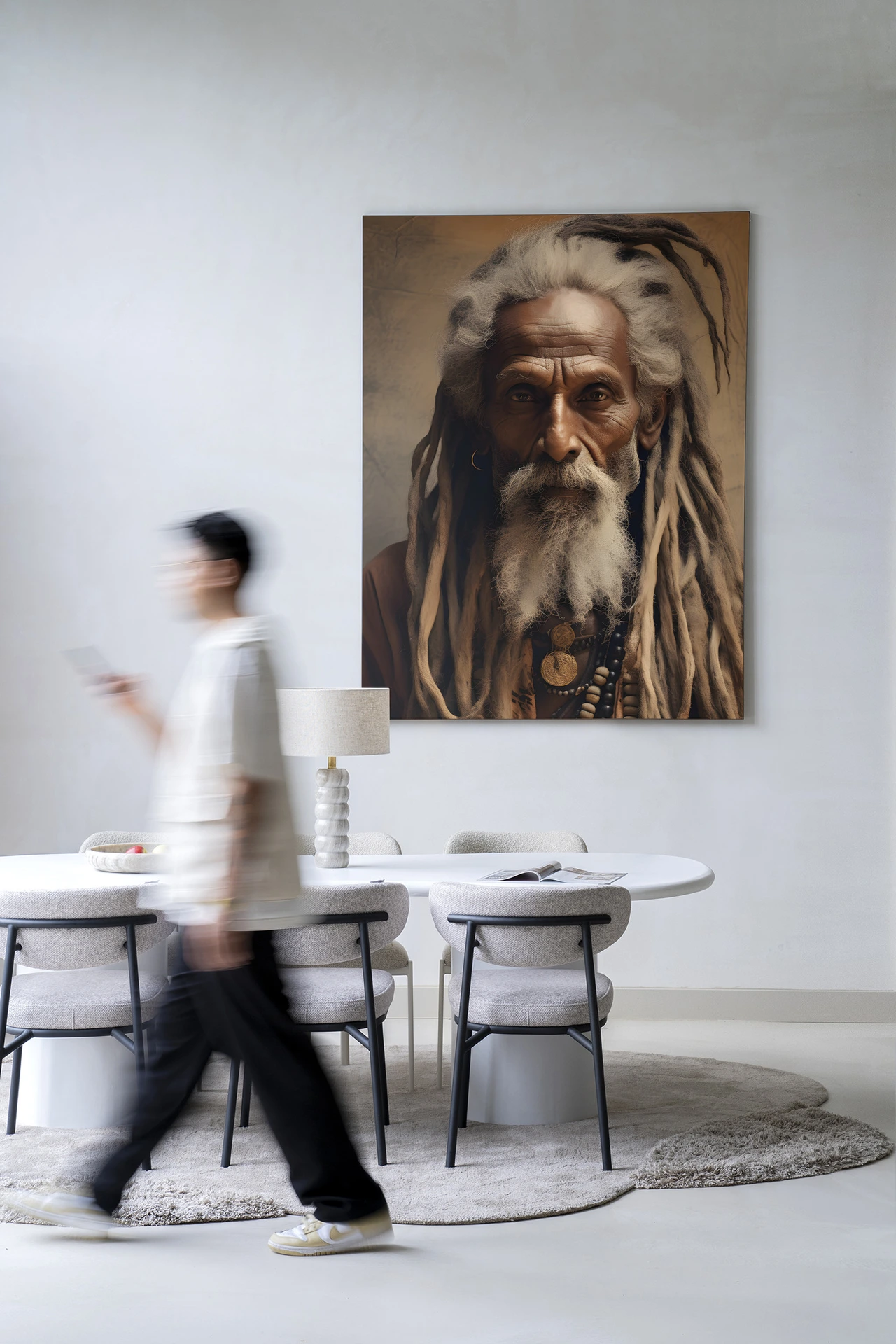 Wandkleed Wise Man in een moderne eetkamer met een wazig persoon die langsloopt - Urban Cotton